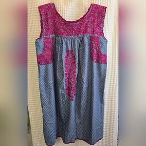 Sleeveless Blue Polka Dot Dress with Pink Embroidered Yoke
